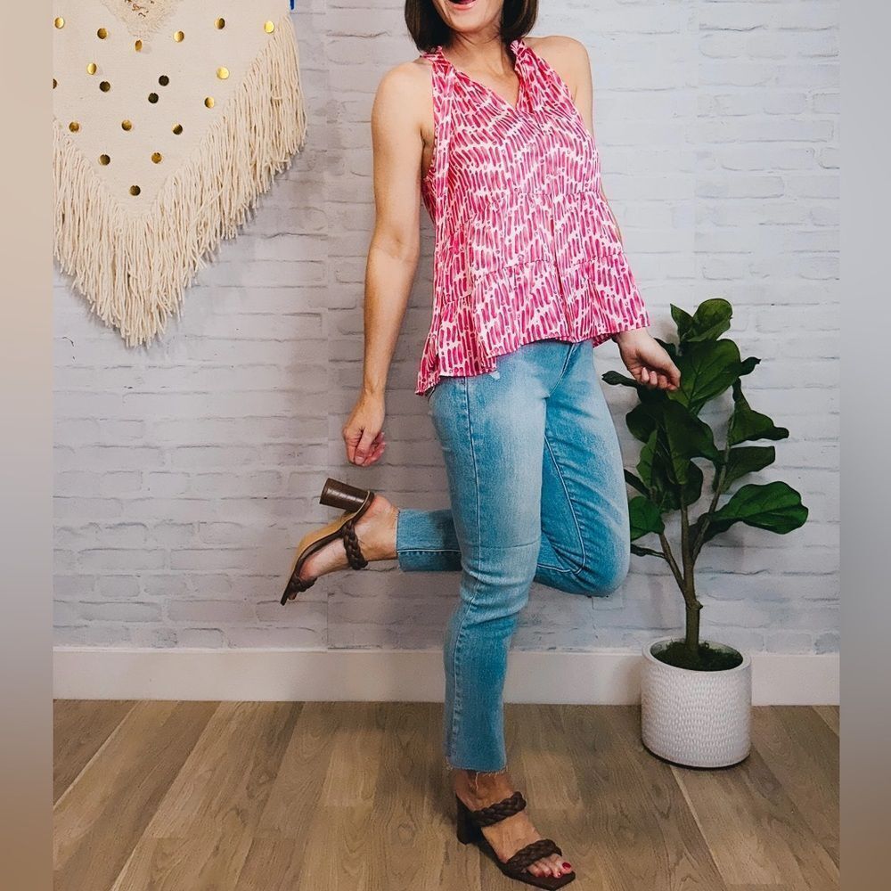 Skies Are Blue Pink Preppy Chevron Watercolor Halter Tiered Babydoll Tank Top — image 2 of 7
